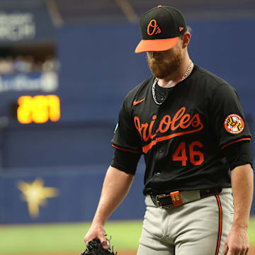 Aug 11, 2024; St. Petersburg, Florida, USA; Baltimore Orioles pitcher Craig Kimbrel looks down while walking off the mound.