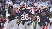 Nov 2, 2025; Foxborough, Massachusetts, USA; New England Patriots running back Terrell Jennings (26) celebrates his touchdown against the Atlanta Falcons during the first half at Gillette Stadium. Mandatory Credit: Eric Canha-Imagn Images
