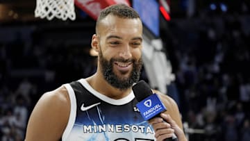 Apr 11, 2025; Minneapolis, Minnesota, USA; Minnesota Timberwolves center Rudy Gobert (27) smiles during an interview after the game against the Brooklyn Nets at Target Center. Mandatory Credit: Bruce Kluckhohn-Imagn Images