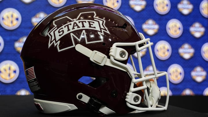 Jul 19, 2022; Atlanta, GA, USA; The Mississippi State football helmet on the stage during SEC Media Days at the College Football Hall of Fame. Mandatory Credit: Dale Zanine-USA TODAY Sports