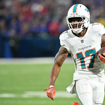 Sep 18, 2025; Orchard Park, New York, USA; Miami Dolphins wide receiver Jaylen Waddle (17) runs against the Buffalo Bills in the fourth quarter at Highmark Stadium. Mandatory Credit: Mark Konezny-Imagn Images