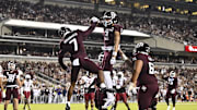 Nov 16, 2024; College Station, Texas, USA; Texas A&M Aggies wide receiver Moose Muhammad III (7) celebrates after scoring a touchdown during the second quarter with wide receiver Noah Thomas (3) against the New Mexico State Aggies at Kyle Field. Mandatory Credit: Maria Lysaker-Imagn Images 