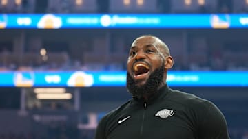 Dec 25, 2024; San Francisco, California, USA; Los Angeles Lakers forward LeBron James (23) before the game against the Golden State Warriors at Chase Center. Mandatory Credit: Darren Yamashita-Imagn Images