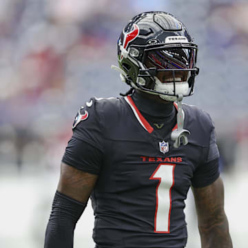 Aug 17, 2024; Houston, Texas, USA; Houston Texans wide receiver Stefon Diggs (1) before the game against the New York Giants at NRG Stadium. Mandatory Credit: Troy Taormina-Imagn Images