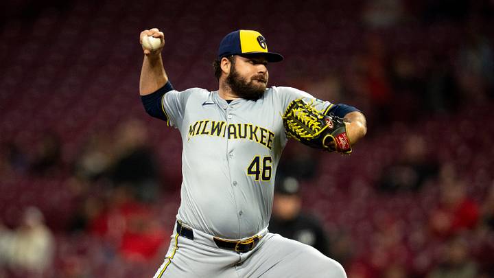 Milwaukee Brewers pitcher Bryse Wilson (46) pitches in the fifth inning of the MLB baseball game between Milwaukee Brewers and Cincinnati Reds at Great American Ball Park in Cincinnati on Wednesday, April 10, 2024.