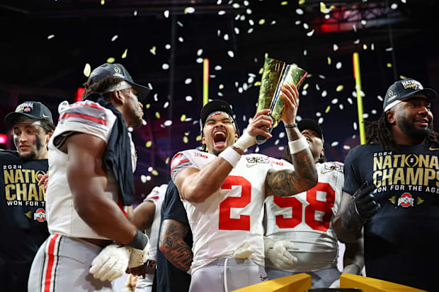Ohio State Buckeyes wide receiver Emeka Egbuka (2) celebrates after winning against the Notre Dame Fighting Irish