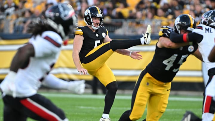 Aug 9, 2024; Pittsburgh, Pennsylvania, USA;  Pittsburgh Steelers punter Cameron Johnston (5) punts against the Houston Texans during the first quarter at Acrisure Stadium. Mandatory Credit: Barry Reeger-Imagn Images