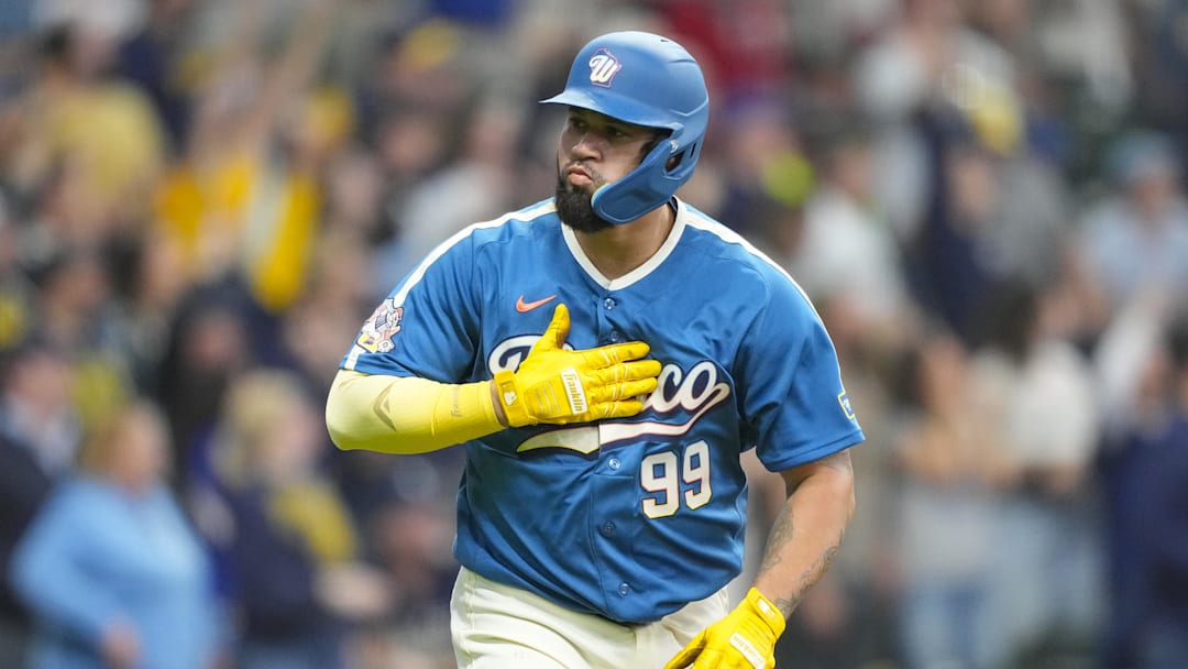 Apr 12, 2026; Milwaukee, Wisconsin, USA;  Milwaukee Brewers designated hitter Gary Sanchez (99) reacts after hitting a home run during the seventh inning against the Washington Nationals at American Family Field. Mandatory Credit: Jeff Hanisch-Imagn Images