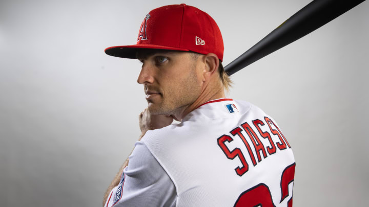 Feb 21, 2023; Tempe, AZ, USA; Los Angeles Angels catcher Max Stassi poses for a portrait during