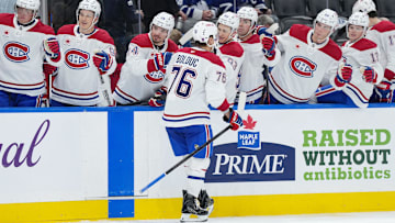 Oct 8, 2025; Toronto, Ontario, CAN;  Montreal Canadiens right wing Zack Bolduc (76) celebrates at the bench after scoring a goal against the Toronto Maple Leafs during the second period at Scotiabank Arena. Mandatory Credit: Nick Turchiaro-Imagn Images