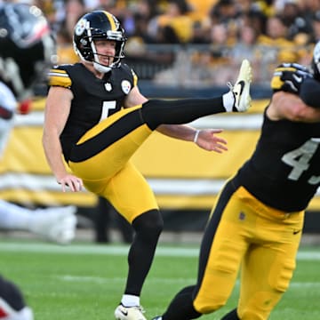 Aug 9, 2024; Pittsburgh, Pennsylvania, USA;  Pittsburgh Steelers punter Cameron Johnston (5) punts against the Houston Texans during the first quarter at Acrisure Stadium. Mandatory Credit: Barry Reeger-Imagn Images