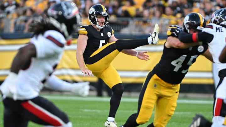 Aug 9, 2024; Pittsburgh, Pennsylvania, USA;  Pittsburgh Steelers punter Cameron Johnston (5) punts against the Houston Texans during the first quarter at Acrisure Stadium. Mandatory Credit: Barry Reeger-Imagn Images