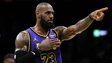 Mar 8, 2025; Boston, Massachusetts, USA; Los Angeles Lakers forward LeBron James (23) calls a play against the Boston Celtics during the second quarter at the TD Garden. Mandatory Credit: Brian Fluharty-Imagn Images