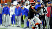 Nov 5, 2023; Cincinnati, Ohio, USA; Cincinnati Bengals wide receiver Tee Higgins (5) turns downfield after completing a catch vs. the Buffalo Bills.
