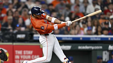 Jun 27, 2025; Houston, Texas, USA; Houston Astros shortstop Jeremy Pena (3) bats in the second inning against the Chicago Cubs at Daikin Park. Mandatory Credit: Maria Lysaker-Imagn Images 