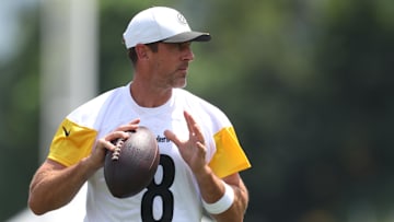 Jul 24, 2025; Latrobe, PA, USA;  Pittsburgh Steelers quarterback Aaron Rodgers (8) participates in drills during training camp at Saint Vincent College. Mandatory Credit: Charles LeClaire-Imagn Images
