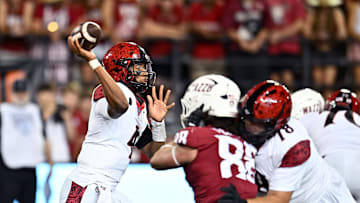 Sep 6, 2025; Pullman, Washington, USA; San Diego State Aztecs quarterback Jayden Denegal (4) throws a pass against the Washington State Cougars in the second half at Gesa Field at Martin Stadium. 