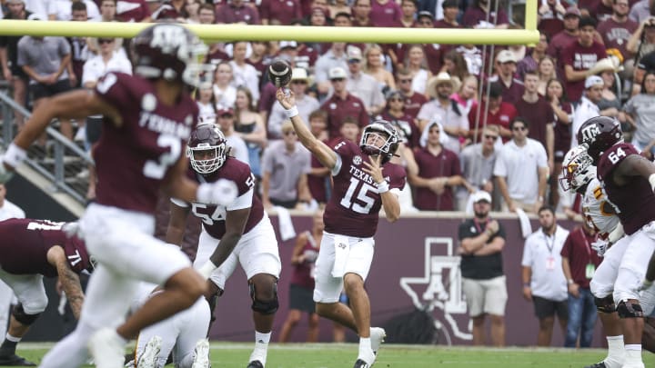 Sep 16, 2023; College Station, Texas, USA; Texas A&M Aggies quarterback Conner Weigman (15) attempts a pass during the first quarter against the Louisiana Monroe Warhawks at Kyle Field. Mandatory Credit: Troy Taormina-USA TODAY Sports