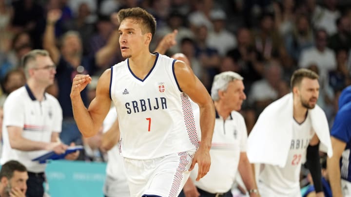 Aug 6, 2024; Paris, France; Serbia shooting guard Bogdan Bogdanovic (7) reacts after a play against Australia in men’s basketball quarterfinals during the Paris 2024 Olympic Summer Games at Accor Arena. Mandatory Credit: Kyle Terada-USA TODAY Sports