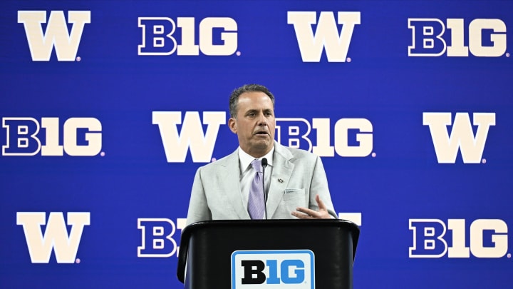 Husky coach Jedd Fisch speaks to the press during the Big 10 football Media Days at Lucas Oil Stadium.