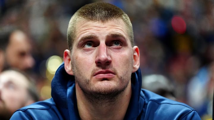 May 4, 2024; Denver, Colorado, USA; Denver Nuggets center Nikola Jokic (15) on the bench in the second half against the Minnesota Timberwolves during game one of the second round for the 2024 NBA playoffs at Ball Arena. 