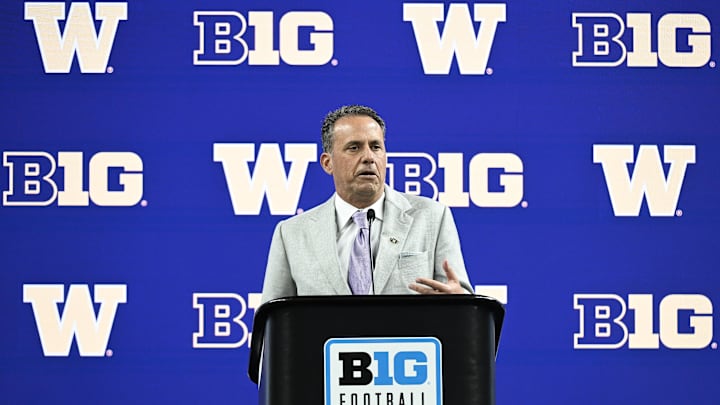 Jul 25, 2024; Indianapolis, IN, USA; Washington Huskies head coach Jedd Fisch speaks to the media during the Big 10 football media day at Lucas Oil Stadium. Mandatory Credit: Robert Goddin-Imagn Images
