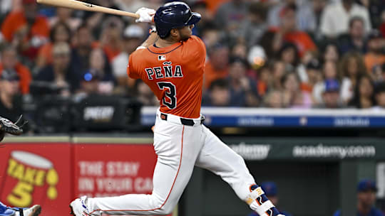 Jun 27, 2025; Houston, Texas, USA; Houston Astros shortstop Jeremy Pena (3) bats in the second inning against the Chicago Cubs at Daikin Park.