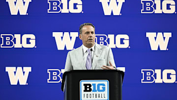 Jul 25, 2024; Indianapolis, IN, USA; Washington Huskies head coach Jedd Fisch speaks to the media during the Big 10 football media day at Lucas Oil Stadium. Mandatory Credit: Robert Goddin-USA TODAY Sports