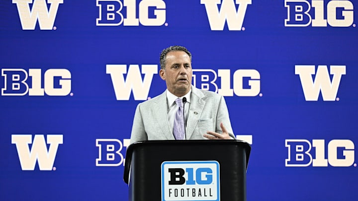 Jul 25, 2024; Indianapolis, IN, USA; Washington Huskies head coach Jedd Fisch speaks to the media during the Big 10 football media day at Lucas Oil Stadium. Mandatory Credit: Robert Goddin-USA TODAY Sports