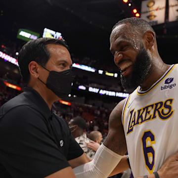 Jan 23, 2022; Miami, Florida, USA; Miami Heat head coach Erik Spoelstra (L) shakes hands with Los Angeles Lakers forward LeBron James (6) after the Miami Heat defeated the Los Angeles Lakers at FTX Arena. Mandatory Credit: Jasen Vinlove-Imagn Images