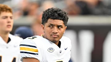 Aug 30, 2025; Corvallis, Oregon, USA; California Golden Bears quarterback Jaron-Keawe Sagapolutele (3) warms up before the game against the Oregon State Beavers at Reser Stadium. Mandatory Credit: Craig Strobeck-Imagn Images