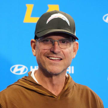 Jun 13, 2024; Costa Mesa, CA, USA; Los Angeles Chargers head coach Jim Harbaugh at a press conference during minicamp at the Hoag Performance Center.  Mandatory Credit: Kirby Lee-USA TODAY Sports