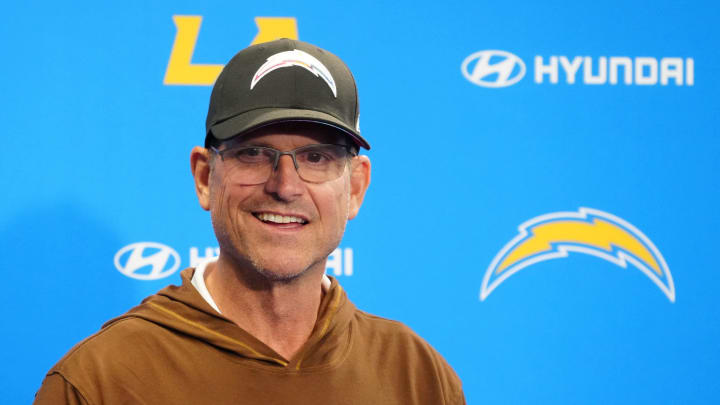 Jun 13, 2024; Costa Mesa, CA, USA; Los Angeles Chargers head coach Jim Harbaugh at a press conference during minicamp at the Hoag Performance Center.  Mandatory Credit: Kirby Lee-USA TODAY Sports