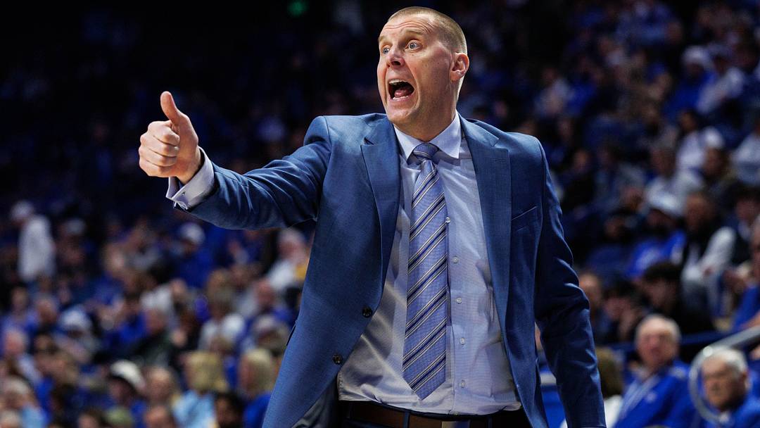 Dec 9, 2025; Lexington, Kentucky, USA; Kentucky Wildcats head coach Mark Pope reacts to the action during the first half against the North Carolina Central Eagles at Rupp Arena at Central Bank Center. Mandatory Credit: Jordan Prather-Imagn Images
