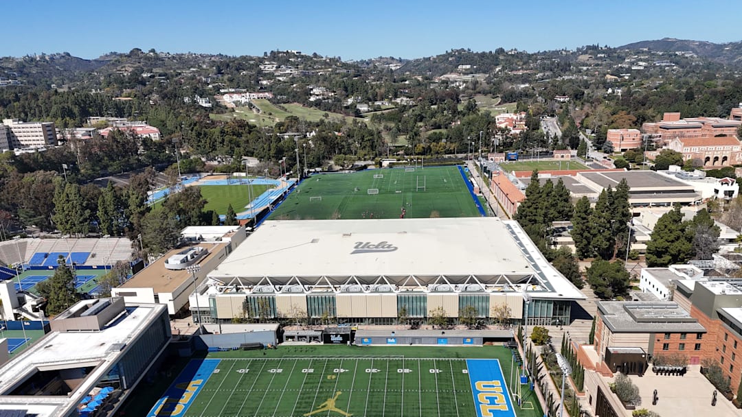 Mar 8, 2025; Los Angeles, California, USA; A general overall aerial view of Pauley Pavilion presented by Wescom on the campus of UCLA. Mandatory Credit: Kirby Lee-Imagn Images Mar 8, 2025; Los Angeles, California, USA; A general overall aerial view of Pauley Pavilion presented by Wescom on the campus of UCLA. Mandatory Credit: Kirby Lee-Imagn Images