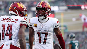 Jan 26, 2025; Philadelphia, PA, USA; Washington Commanders wide receiver Terry McLaurin (17) reacts after a play with wide receiver Olamide Zaccheaus (14) against the Philadelphia Eagles during the first half in the NFC Championship game at Lincoln Financial Field. Mandatory Credit: Bill Streicher-Imagn Images