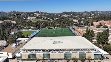 A general overall aerial view of Pauley Pavilion  on the campus of UCLA. Mandatory Credit: Kirby Lee-Imagn Images