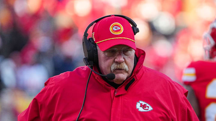 Nov 29, 2024; Kansas City, Missouri, USA; Kansas City Chiefs head coach Andy Reid on the sidelines against the Las Vegas Raiders during the first half at GEHA Field at Arrowhead Stadium. Mandatory Credit: Denny Medley-Imagn Images
