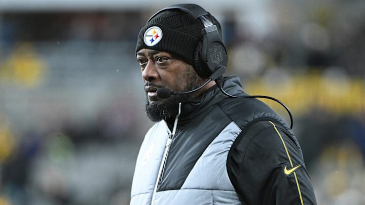 Jan 4, 2025; Pittsburgh, Pennsylvania, USA; Pittsburgh Steelers head coach Mike Tomlin looks on during the second quarter against the Cincinnati Bengals at Acrisure Stadium. Mandatory Credit: Barry Reeger-Imagn Images