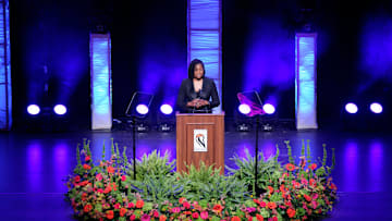 Women's Basketball Hall of Fame Inductee, Alana Beard, gives her remarks during the 2025 Women’s Basketball Hall of Fame Induction Ceremony at the Tennessee Theatre, June 14, 2025, in Knoxville, Tenn. (Shawn Millsaps/Special to News Sentinel)