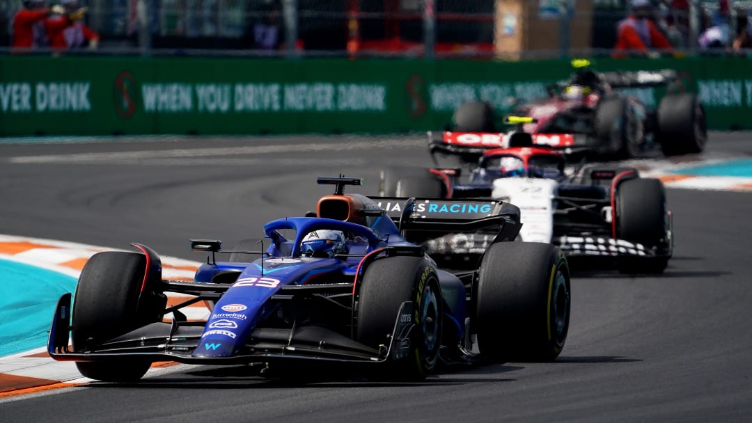 May 7, 2023; Miami Gardens, Florida, USA;  Williams driver Alexander Albon (23) of Thailand leads a