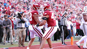 Nov 1, 2025; Fayetteville, Arkansas, USA; Arkansas Razorbacks tight end Rohan Jones (88) celebrates with tight end Maddox Lassiter (47) after scoring a touchdown in the second quarter against the Mississippi State Bulldogs at Donald W. Reynolds Razorback Stadium. Mandatory Credit: Nelson Chenault-Imagn Images