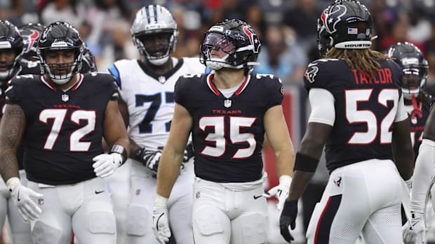 Aug 16, 2025; Houston, Texas, USA; Houston Texans linebacker Jake Hansen (35) looks up during the game against the Carolina P