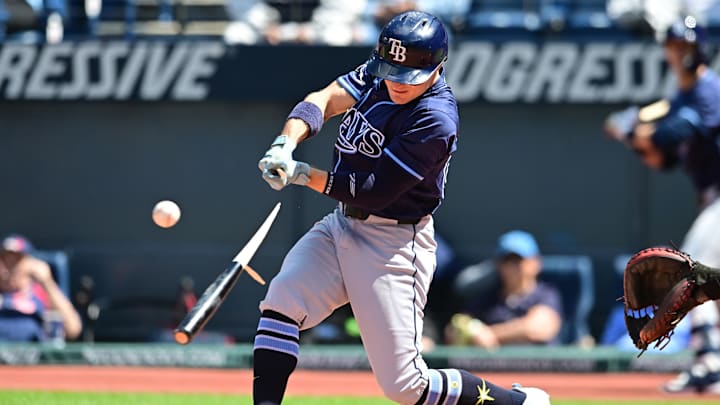 Aug 27, 2025; Cleveland, Ohio, USA; Tampa Bay Rays right fielder Jake Mangum (28) breaks his bat against the Cleveland Guardians during the fourth inning at Progressive Field. Mandatory Credit: Ken Blaze-Imagn Images