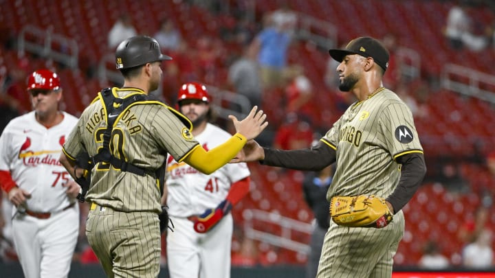 Aug 26, 2024; St. Louis, Missouri, USA;  San Diego Padres relief pitcher Robert Suarez (75) celebrates with catcher Kyle Higashioka (20) after the Padres defeated the St. Louis Cardinals at Busch Stadium. Mandatory Credit: Jeff Curry-USA TODAY Sports