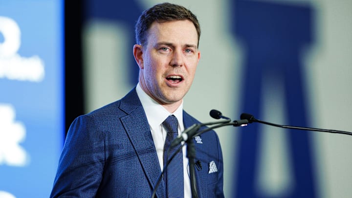 Dec 3, 2025; Lexington, KY, USA; Kentucky Wildcats head football coach Will Stein speaks during his introductory press conference at Nutter Field House. Mandatory Credit: Jordan Prather-Imagn Images