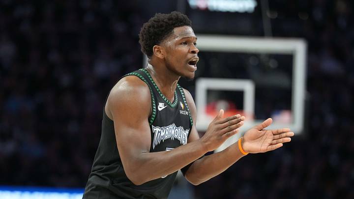 May 15, 2026; Minneapolis, Minnesota, USA; Minnesota Timberwolves guard Anthony Edwards (5) looks on against the San Antonio Spurs in the first half during game six of the second round of the 2026 NBA Playoffs at Target Center. Mandatory Credit: Jesse Johnson-Imagn Images