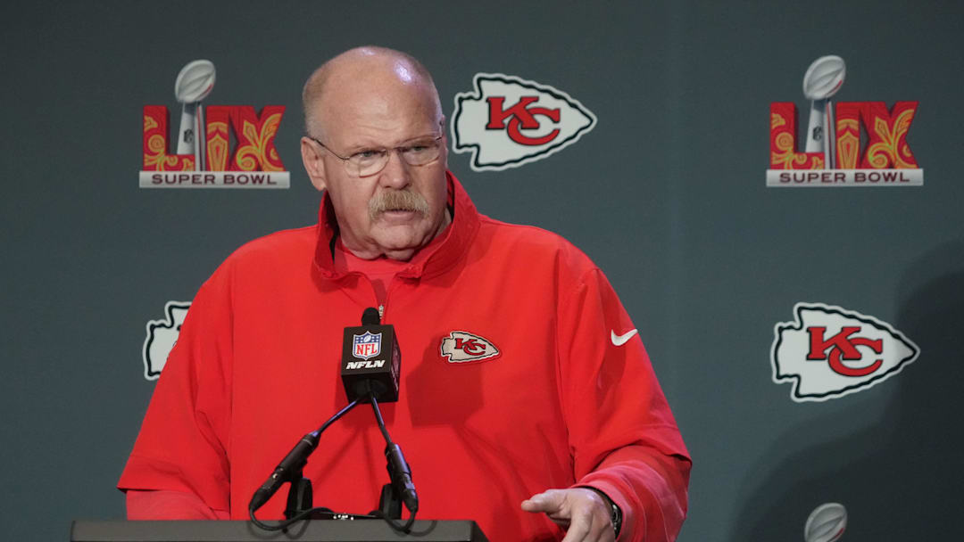 Feb 5, 2025; New Orleans, LA, USA; Kansas City Chiefs head coach Andy Reid speaks in a press conference ahead of Super Bowl LIX at New Orleans Marriott. Mandatory Credit: Kirby Lee-Imagn Images