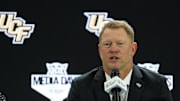 Jul 8, 2025; Frisco, TX, USA; UCF head coach Scott Frost addresses the media during 2025 Big 12 Football Media Days at The Star. Mandatory Credit: Raymond Carlin III-Imagn Images