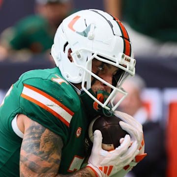 Miami Hurricanes wide receiver Xavier Restrepo catches the football for a touchdown against the Duke Blue Devils. Mandatory Credit: Sam Navarro-Imagn Images